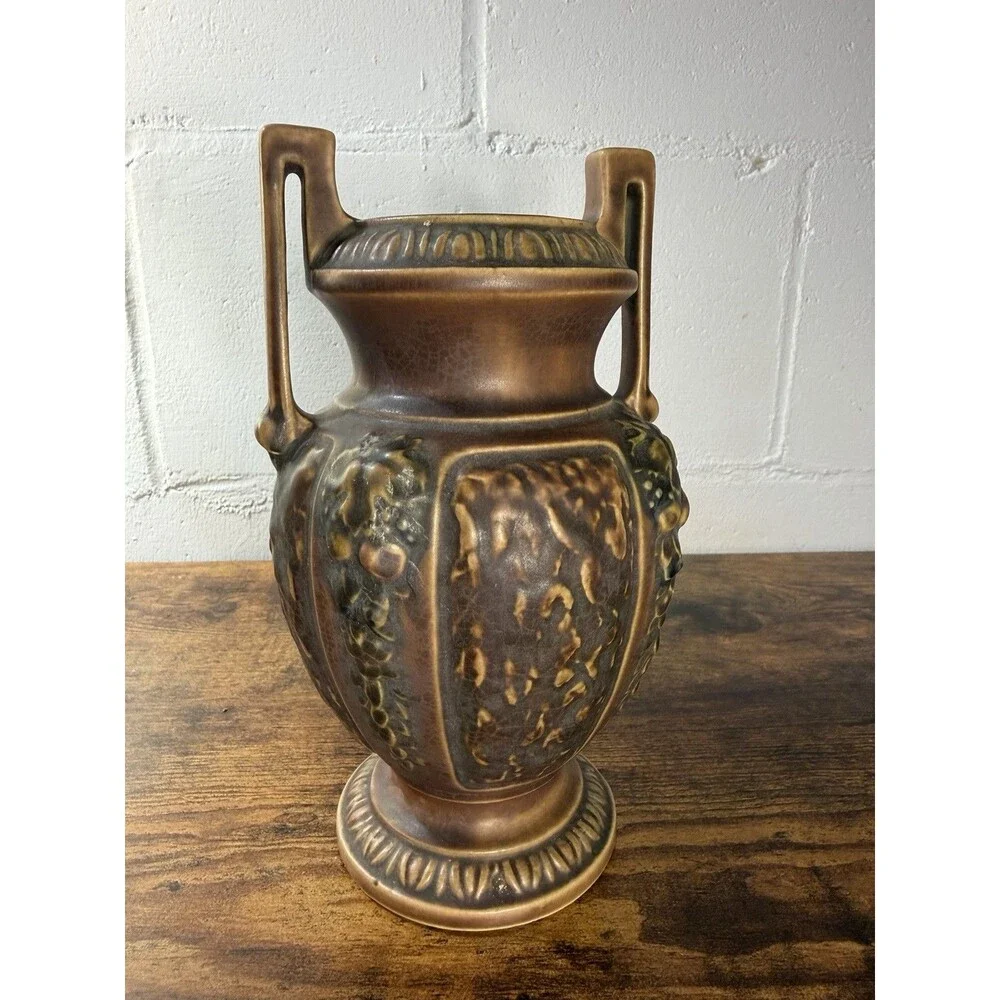 Roseville Pottery Grapevine Amphora Vase Double Handle Brown Art Pottery 8.5”